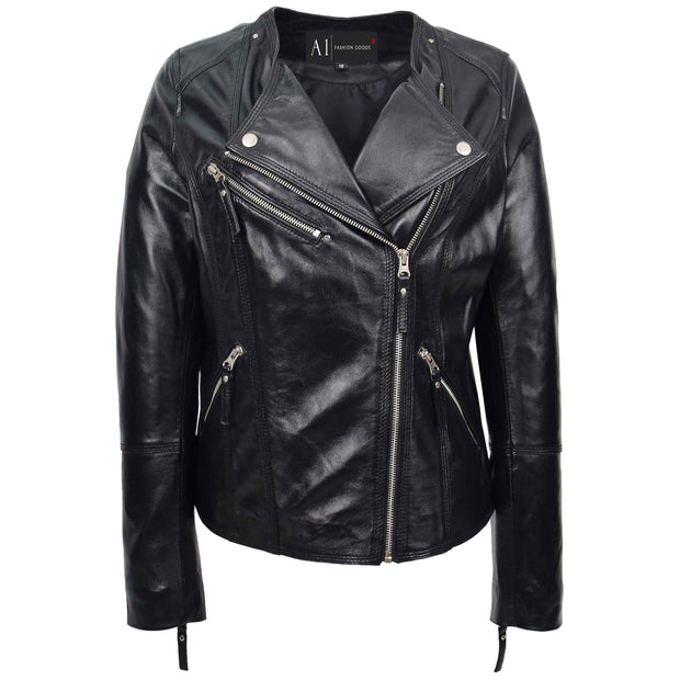 Womens Coat Genuine Leather Biker Jacket Cross Zip Cora Black 5