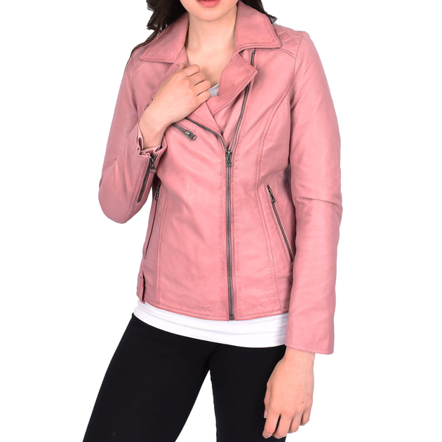 Womens Leather Biker Jacket Cross Zip Style Pink A1 Fashion Goods - Main Image