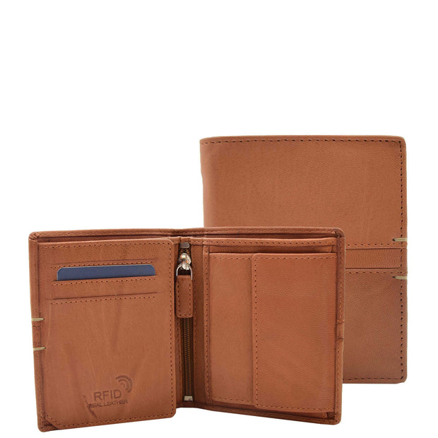 Mens Cognac Leather Wallet Vertical Bifold RFID Safe Coins ID Notes Cards Hulk