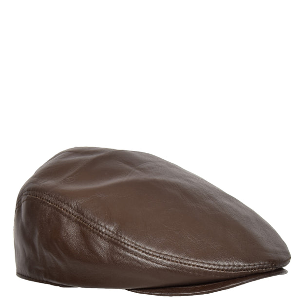 Genuine Brown Leather Flat Cap English Granddad Baker-boy Hat Arthur