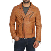 Mens Real Leather Biker Jacket Tan Zip Fasten Slim Fit Designer Coat Max