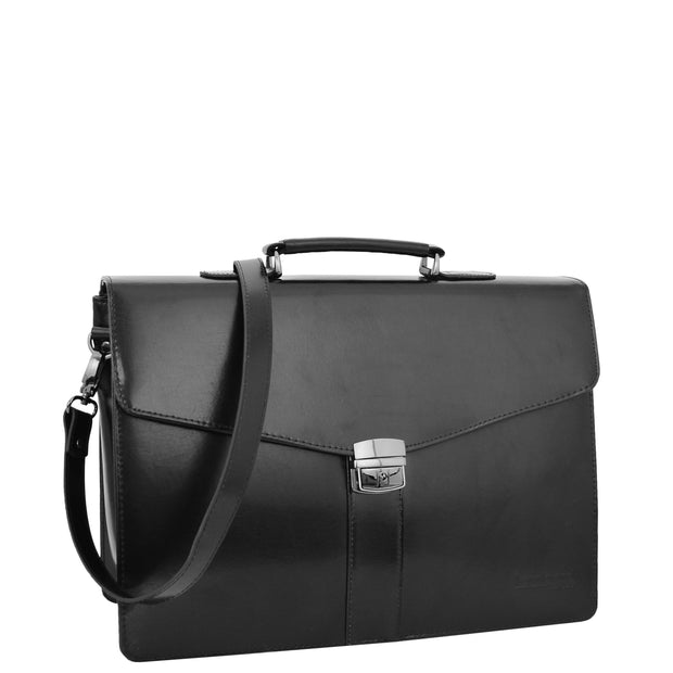 Black Leather Briefcase For Mens Laptop Business Organiser Shoulder Bag Alvin Front With Belt 1