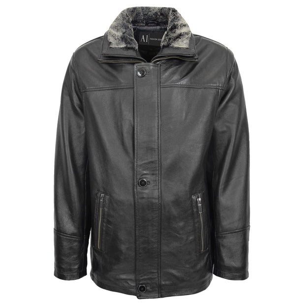 Mens 3/4 Long Leather Box Jacket Soft Parka Car Coat HARVEY Black 1