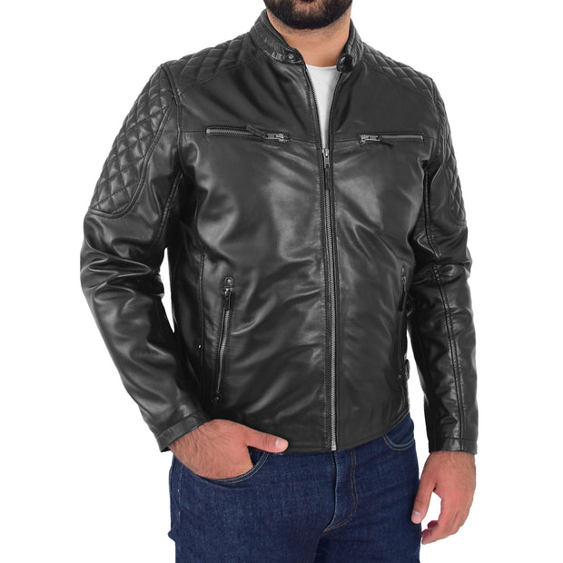 Mens Soft Leather Biker Jacket High Quality Quilted Design Tucker Black Front 1