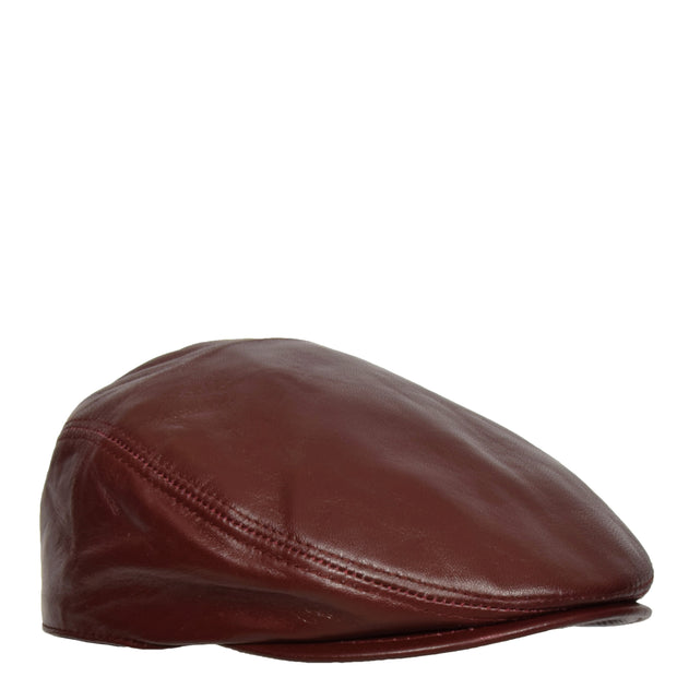Genuine Burgundy Leather Flat Cap English Granddad Baker-boy Hat Arthur