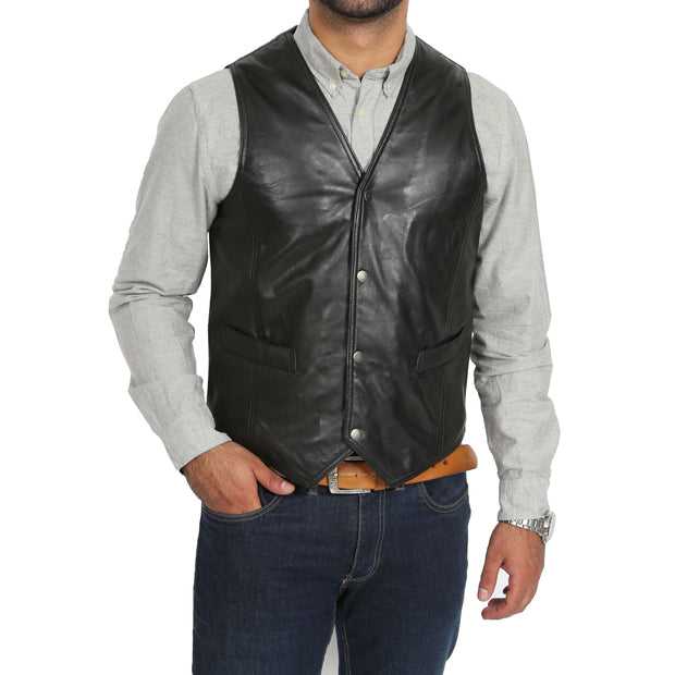 Mens Soft Leather Waistcoat Classic Gilet Bruno Black front view