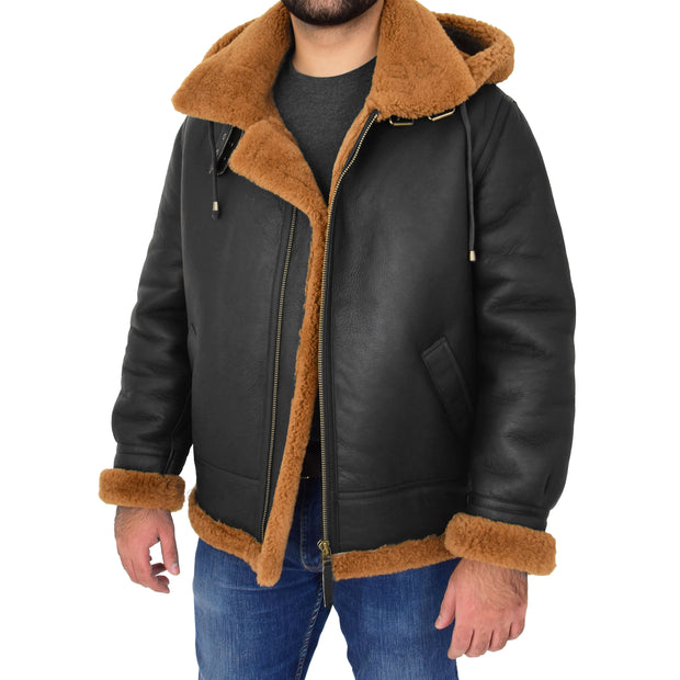 Mens Real Sheepskin Flying Jacket Hooded Brown Ginger Shearling Coat Hawker Open With Hood