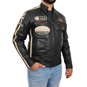 Mens BLACK Leather Biker Jacket Slim Fit Motor Sports Badges Coat Wayne