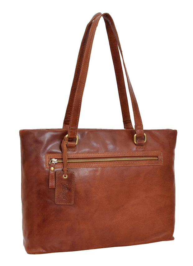 Ladies Real Cognac Leather Shoulder Bag Zip Top Large Size Classic Casual Tote Handbag Hania