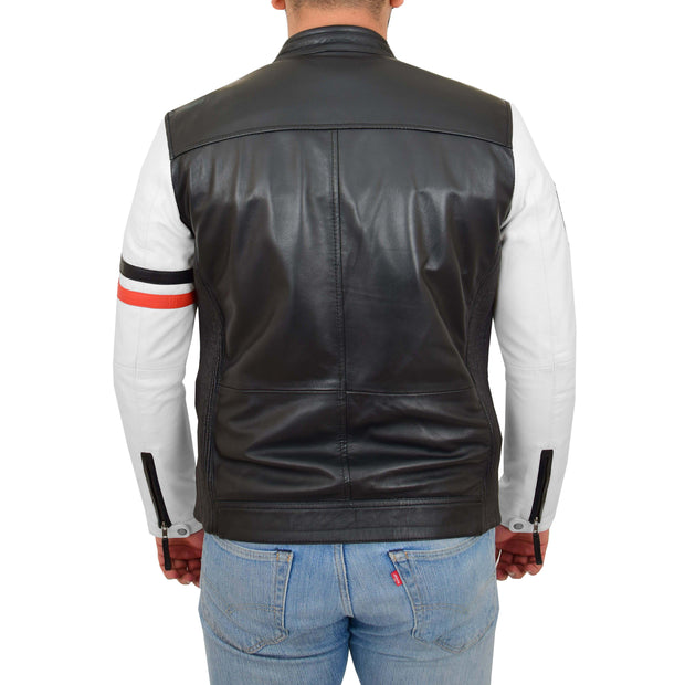 Mens Biker Leather Jacket Black White Sleeves Badges Stripes Sports Style Gears Back
