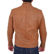 Mens Biker Leather Jacket Cognac Soft Nappa Fitted Standing Collar Tats Back