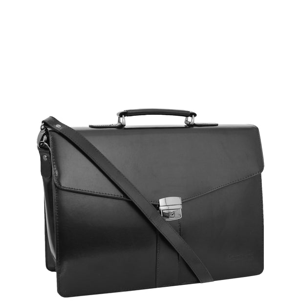 Black Leather Briefcase For Mens Laptop Business Organiser Shoulder Bag Alvin Front With Belt 2