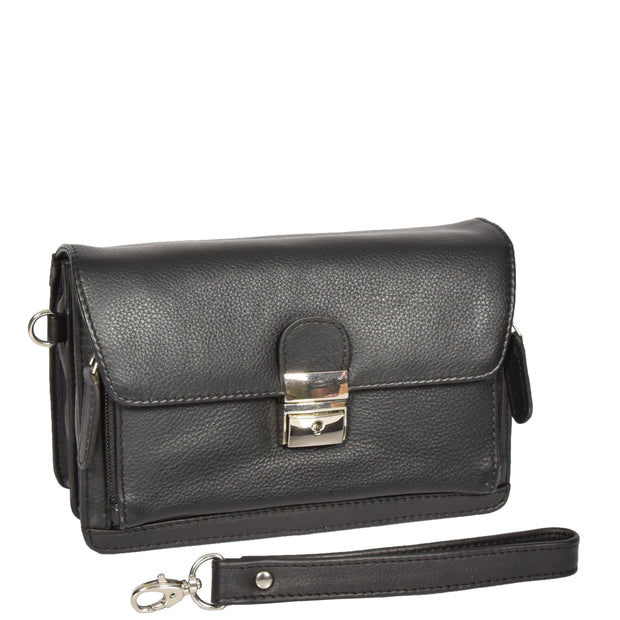 Real Leather Wrist Pouch Organiser Clutch Bag A853  Black With Strap