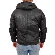 Mens Real Black Leather Bomber Hoodie Jacket Sports Fitted Coat Kent Back