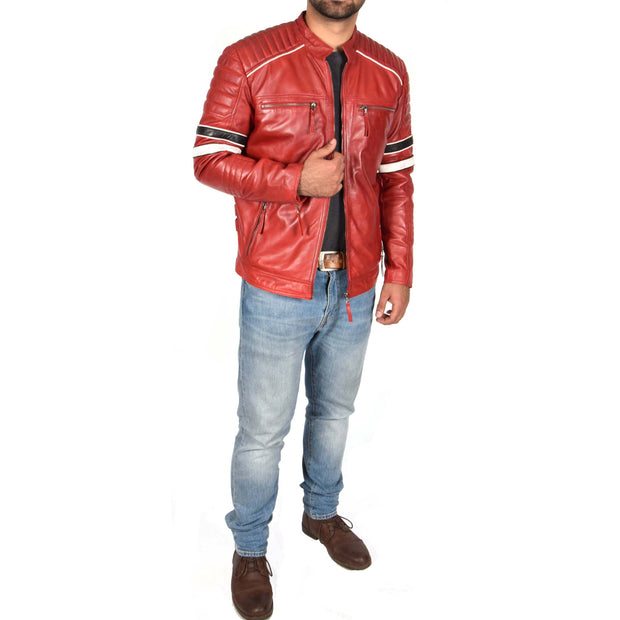 Mens Biker Leather Jacket Stripes Standing Collar Coat Ricky Red Full