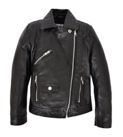 Girls Kids Black Biker Real Leather Jacket Zip Fasten Coat 2-12 Years