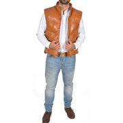 Mens Quilted Leather Waistcoat Body Warmer Gilet Jeff Tan Full