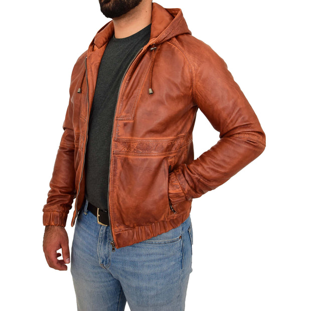 Mens Real Tan Leather Bomber Hoodie Jacket Sports Fitted Two Tone Coat Kent Open Side 1