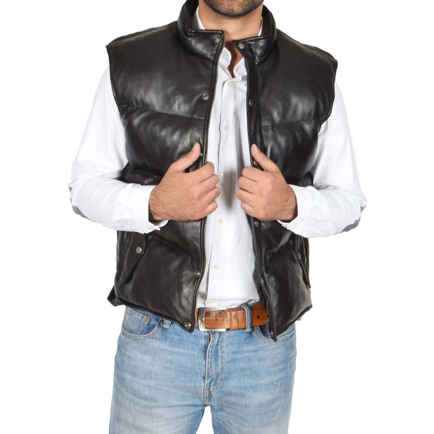 Mens Quilted Leather Waistcoat Body Warmer Gilet Jeff Black Open 1