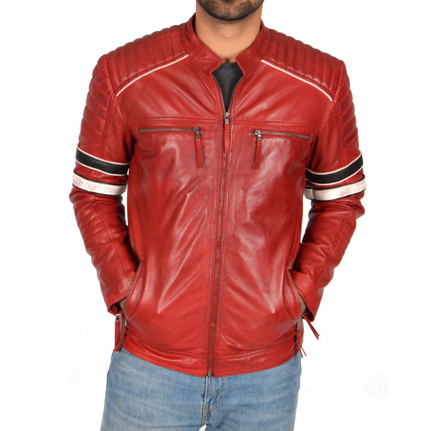 Mens Biker Leather Jacket Stripes Standing Collar Coat Ricky Red Front 1