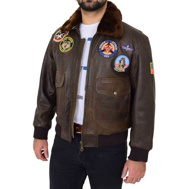 Mens Brown Bomber Leather Pilot Jacket Badges Sheepskin Collar Hawk Open