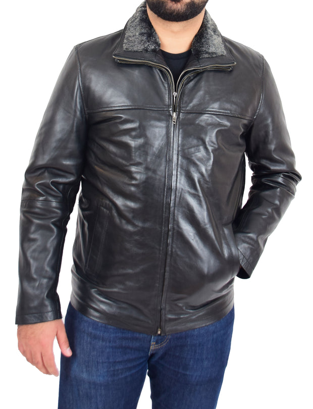 Mens Soft Black Nappa Leather Jacket Zip Box Detachable Front Collar Regular Fit Derek 2