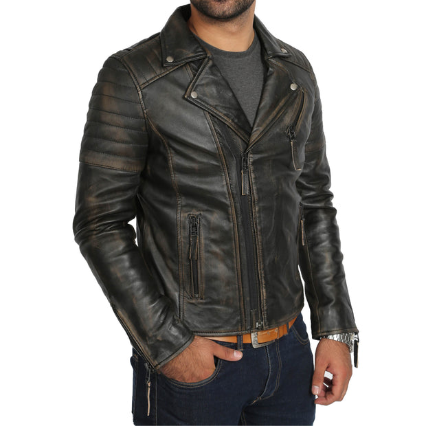 Mens Real Leather Biker Jacket Vintage Black Rub Off Slim Fit Coat Max Front 2