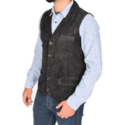 Mens Real Suede Leather Waistcoat Classic Vest Yelek Status Black Front 3