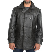 Mens Trench Leather Fitted Reefer Military Overcoat Ernest Brown Stand Collar