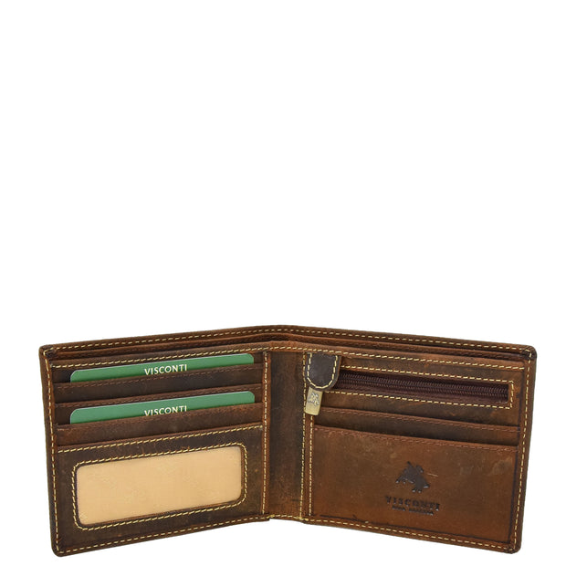Mens Vintage Waxed Real Leather Tan Wallet Bifold Slim Case AV07 Open