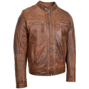 Mens Leather Biker Jacket Vintage Band Collar Fitted CALVIN Antique Brown 4