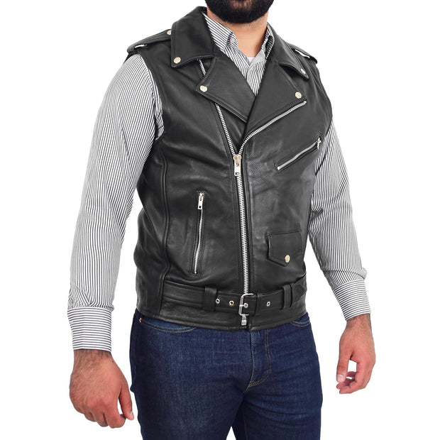 Mens Cowhide Leather Biker Waistcoat Sleeveless Brando Style Gilet Hurley Black Front 1