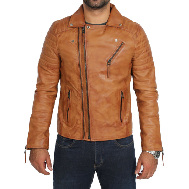  Mens Real Leather Biker Jacket Tan Zip Fasten Slim Fit Designer Coat Max Front 2