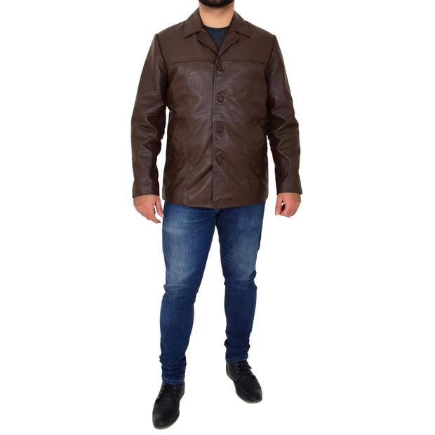 Mens Casual Leather Jacket Hip Length Brown Reefer Blazer Coat Harold Full