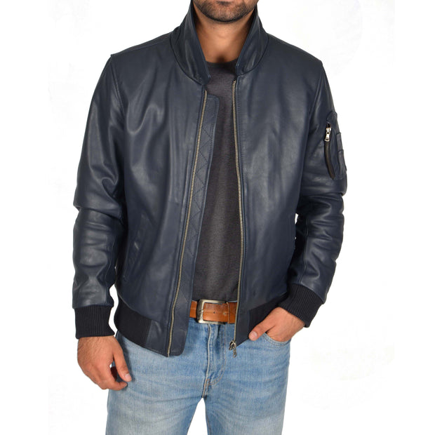 Mens Real Cowhide Bomber Leather Pilot Jacket Lance Navy Open