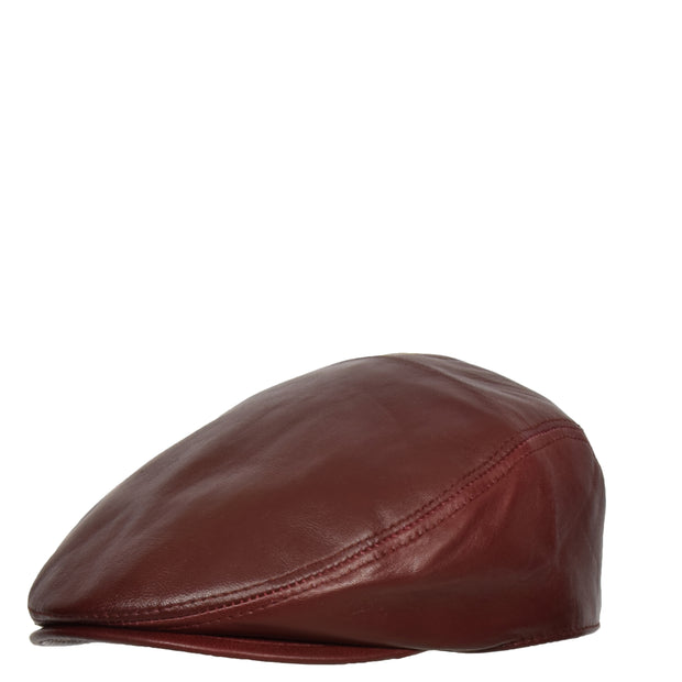 Genuine Burgundy Leather Flat Cap English Granddad Baker-boy Hat Arthur Side Angle