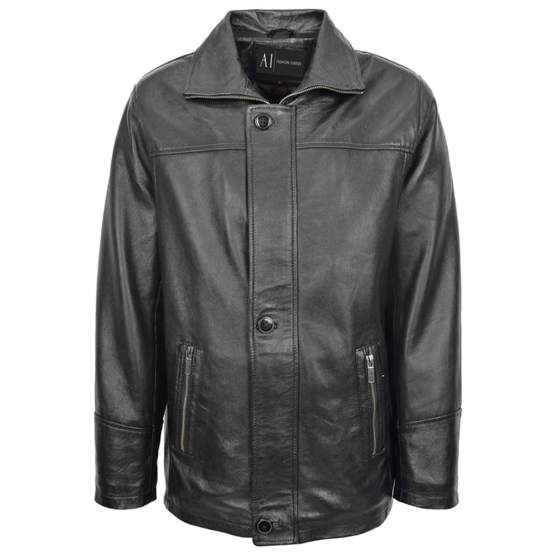 Mens 3/4 Long Leather Box Jacket Soft Parka Car Coat HARVEY Black 4