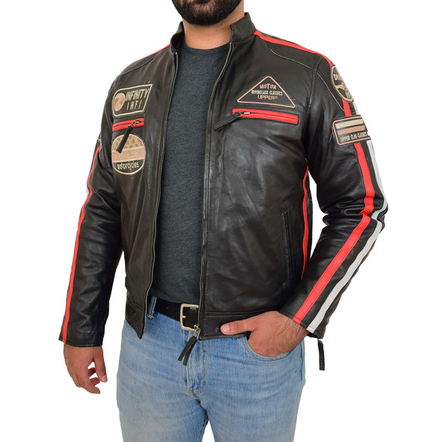 Mens Black Real Leather Biker Jacket Motorsport Racing Badges Designer Coat Frank Open Side 1