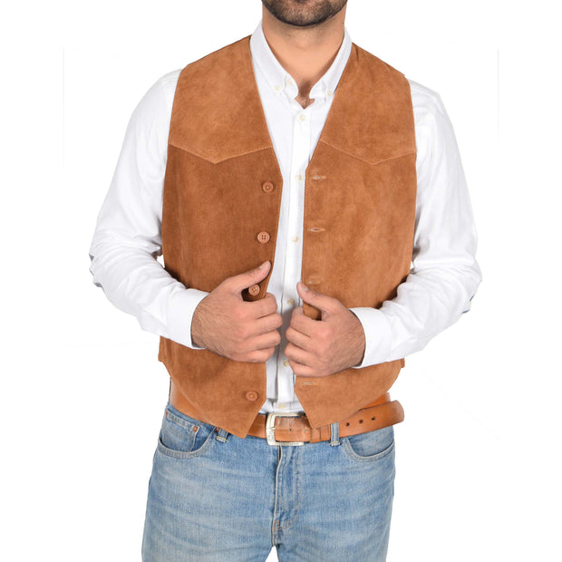 Mens Real Suede Leather Waistcoat Classic Vest Gilet Cole Tan Open