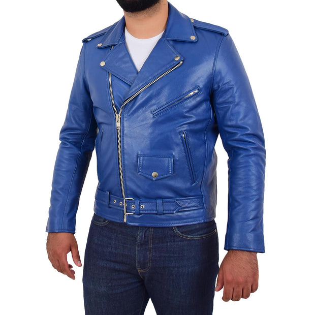 Genuine Cowhide Biker Jacket Heavy Duty Leather Brando Retro Coat Rock Blue