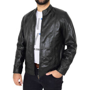 Mens Soft Black Leather Casual Zip Fasten Jacket - Nobel