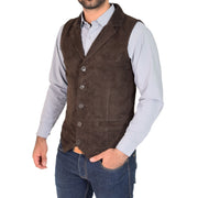 Mens Real Suede Leather Waistcoat Classic Vest Yelek Status Brown Front 2