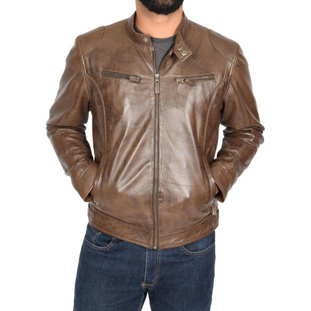 Mens Leather Jacket Biker Style Zip up Coat Bill Brown