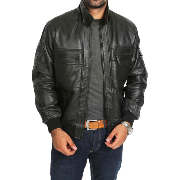 Mens Hooded Bomber Leather Jacket Seth Black zip open view