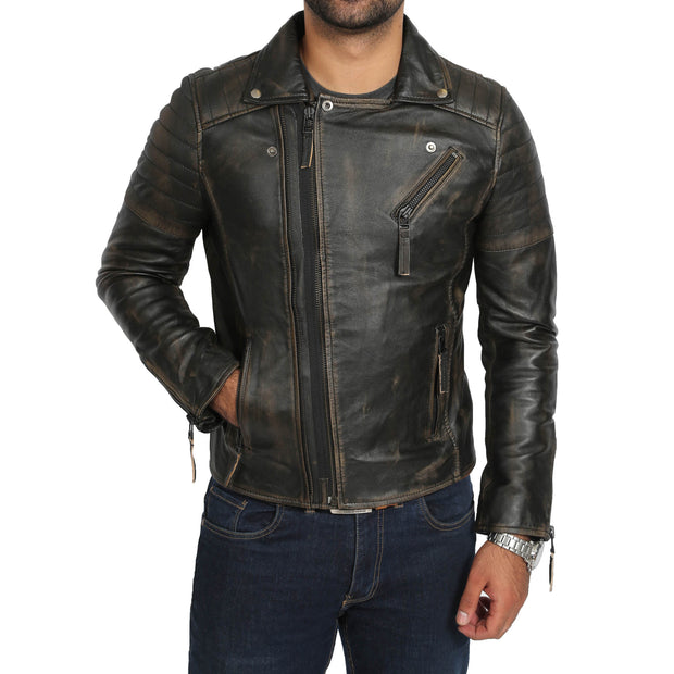 Mens Real Leather Biker Jacket Vintage Black Rub Off Slim Fit Coat Max Front 3