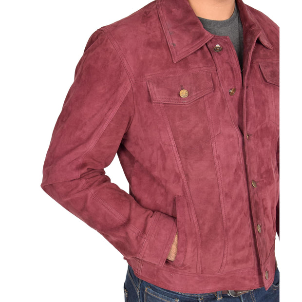 Mens Real Soft Goat Suede Trucker Denim Style Jacket Chuck Burgundy Feature