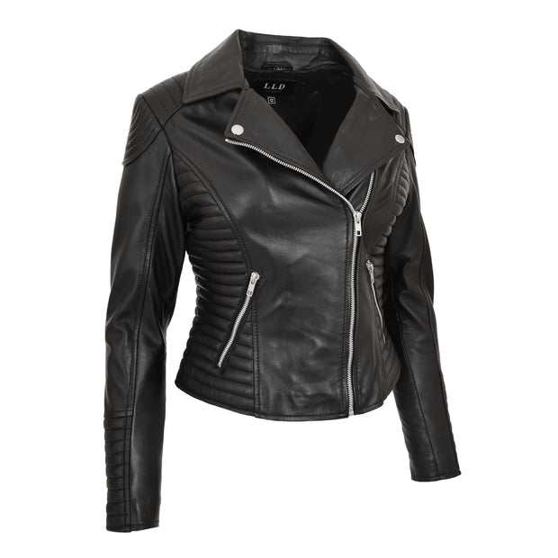 Womens Designer Leather Biker Jacket Fitted Quilted Coat Bonita Black Front Angle 2