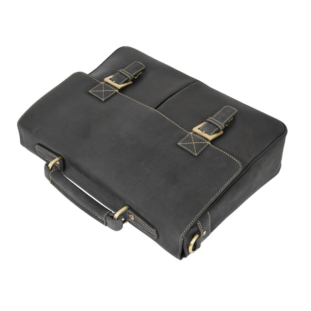 Mens REAL Leather Briefcase Vintage Look Satchel Shoulder Bag A167 Brown Front Letdown