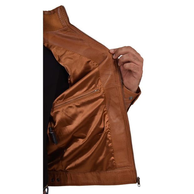 Mens Genuine Leather Biker Jacket Fitted Zip Up Coat Felix Tan Lining