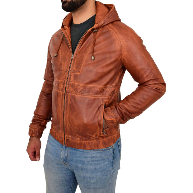 Mens Real Tan Leather Bomber Hoodie Jacket Sports Fitted Two Tone Coat Kent Front Side